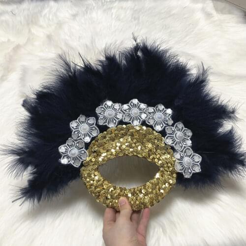 African feather handfan with sequins wedding feather fan for bride high quality feather fan for ladies party