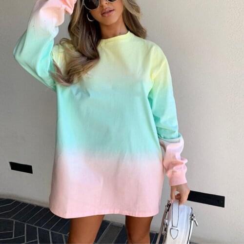 Casual Fashion Women Tie Dye Sweatshirt Tops Gradient Contrast Color Long Sleeve Round Collar Full Sleeve Loose Pullover T Shirt