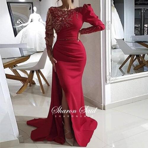 Arabic Long Sleeve Mermaid Burgundy Evening Dresses for Women Elegant Wedding Guest Party Gowns Beaded Slit Formal Prom Dress