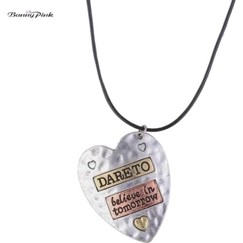 Banny Pink Vintage Big Alloy Heart Pendant Necklace For Women Believe In Tomorrow long Necklace Ethnic Black Rope Sweater Chain