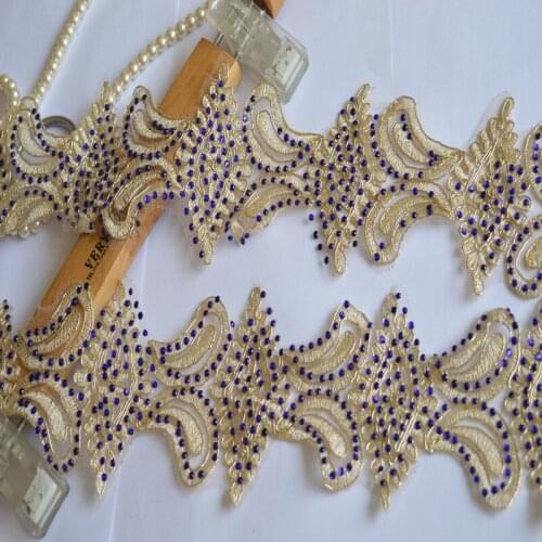 1 Yard somelace golden lace blue rhinestones Fabric Flower Venise Venice Lace Trim Applique Sewing Craft 04010a