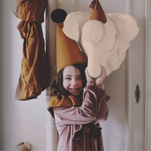 3D Elephant Head Wall Decor Plush Animal Head Doll Decoration Cute Nordic Kids Room Ornaments Bedroom Hanging Decor Photo Prop