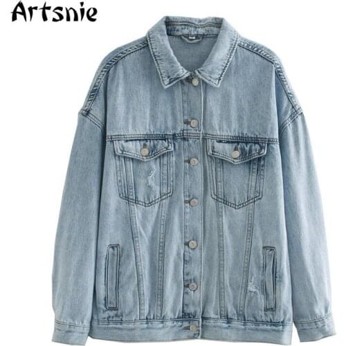 Artsnie Spring 2021 Denim Coat Women Turn Down Collar Long Sleeve Blue Coats Streetwear Casual Pockets Coats Chaqueta Mujer
