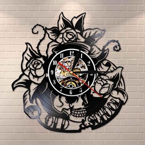 Skeleton Skull Thorn Roses Silent Quartz Wall Watch Tattoo Skull with Rose Vinyl Record Wall ClockGothic Home Art Wall Decor