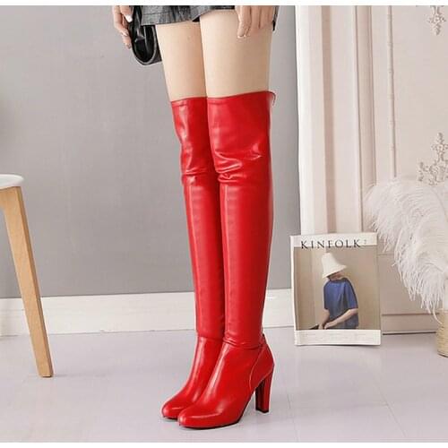 Sexy Women Over the Knee Boots Faux Leather Round Toe 9CM Square Root Women Winter Boots with Zipper Thigh High Boots Size 34-43