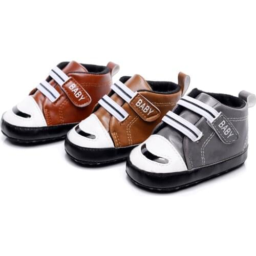 Baby Sneakers, Letter Print Anti-Slip PU Leather Shoes Prewalker Gym Shoes for Boys, Gray/Brown/Coffee