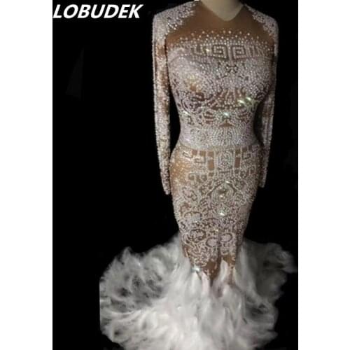 Full Rhinestones White Feathers Fishtail Dress Elastic Long Dress Prom Party Women Singer Stage Outfit Models Catwalk Costumes
