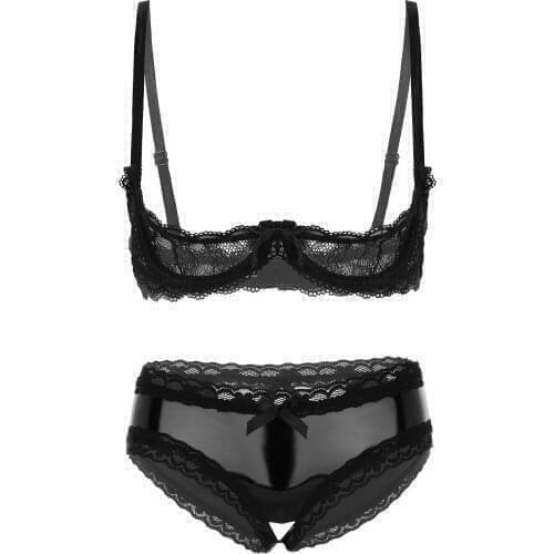 Women Sexy Lingerie Set See-through Lace 1/4 Cup Underwire Bra Tops,Shiny Patent Leather Panties Hollow Out Crotchless Briefs
