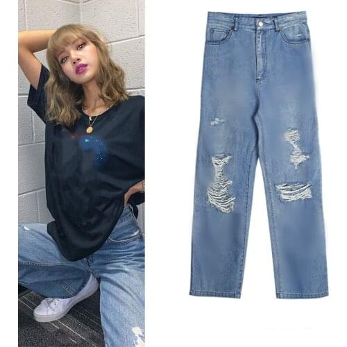 Kpop Korean Celebrity same female blue loose High waist wide leg Jeans women summer fashion streetwear wild straight Denim pants