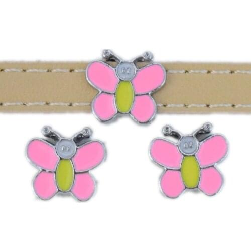 8mm Hole Pink Butterfly Slide Charms Enamel Beads DIY Accessories Handmade Jewelry For Bracelets Key Chains Pet Collar