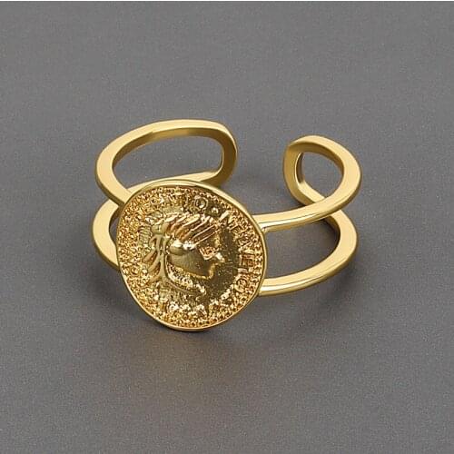 Binmonray 925 Sterling Silver Double Layer Geometric Lines Portrait Rings for Women Vintage Coin Top Finger Rings Gift Jewelry