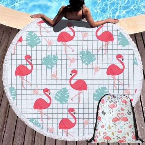 Flamingo Round Beach Towel Wall Tapestry Spa Sport Bath Towel Seaside For Adults Kids With Drawstring Backpack Bag Blanket Home