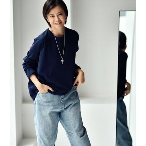 MICOCO T8193C Literature and art contracted Pure color design Loose and comfortable round collar and long sleeves T-shirt