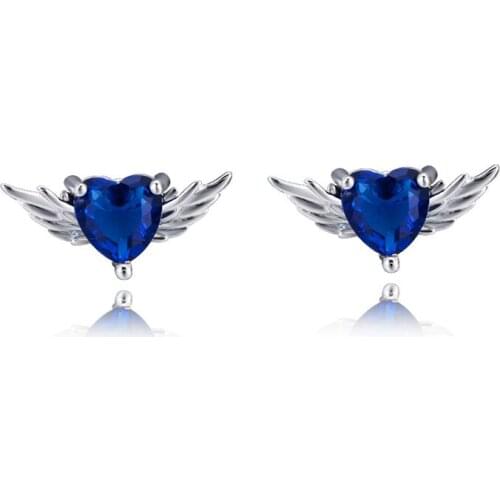Minimalist Female Blue Crystal Stone Earrings Cute Silver Color Small Stud Earrings Charm Wing Heart Wedding Earrings For Women