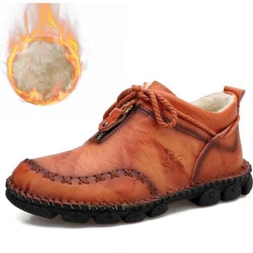 Winter Men Casual Shoes Genuine Leather Flats Waterproof Boots Warm Plush Mens Shoes Big Size 48 47 Outdoor Snow Shoes Brown