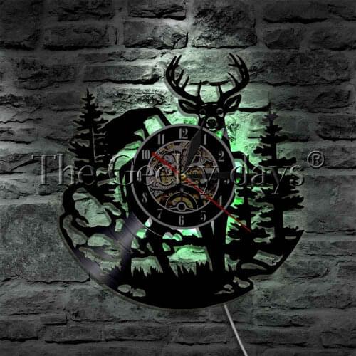 Woodland Animal Deer Vinyl Record Wall Clock Modern Wall Lamp Forest Birch Tree Deer Antlers Decorative Lighting