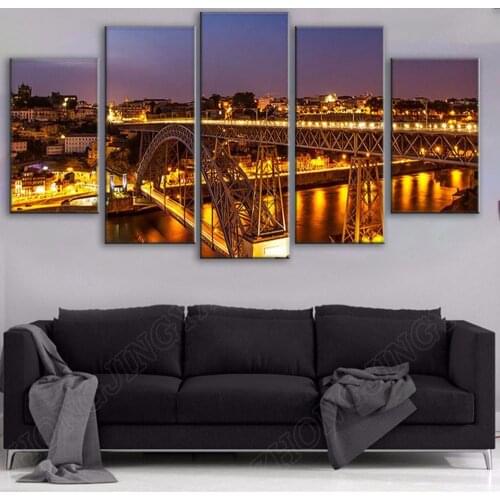 Wall Art Poster Prints Nightscape Canvas Pictures 5 Pieces Porto Ponte Dom Luis I Bridge Lights Painting Living Room Home Decor