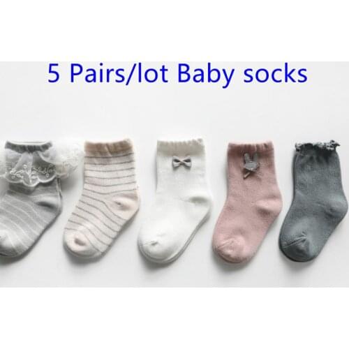 5 Pairs/lot 0 To 8 Years Kids Soft Cotton Socks Cartoon Rabbit Animal Socks Bow Striped Lace Socks Fashion School Sock Baby Sock