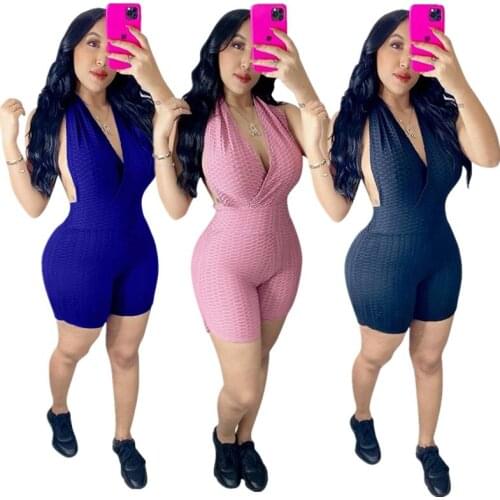 2021 New Style Women Solid Color V-neck Playsuit Ladies Sleeveless Off-the-shoulder Overalls Skinny Romper Plus Size S-XXL