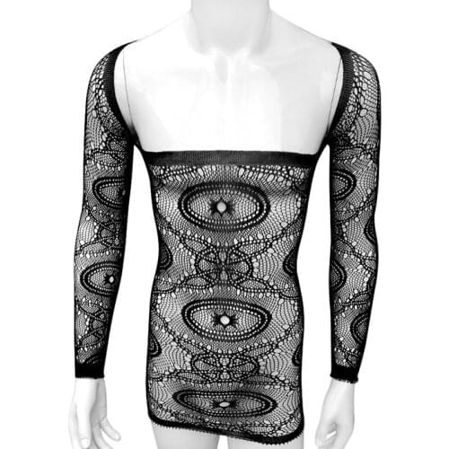 See Through Off Shoulder Mens Sheath Mini Dress Sexy Lingerie Clubwear Nightwear Bodystocking Bodydoll Male Bodysuit Underwear