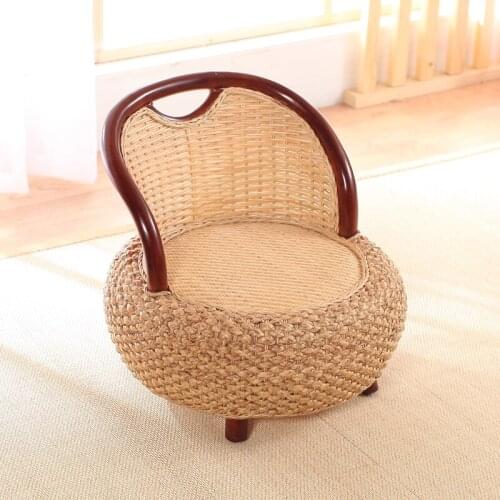 Manual Rattan Small Chair Balcony Coffee Leisure Tatami Short Chair Outdoor Garden Small Stool Floor Accent Chairs Living Room