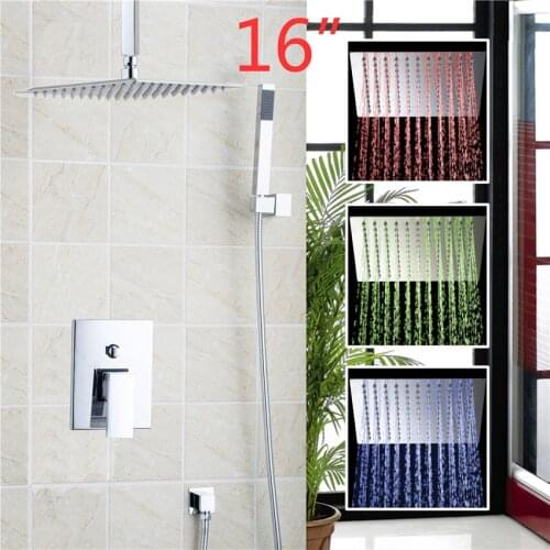 Torayvino 3 Colors LED Luxury Hot Sale LED Square Rain 16" Shower Head Shower Sprayer with the Control valve shower set