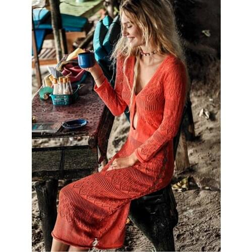 Knitted Beach Dress Sexy V Neck Beach Cover Up Long Summer Dress Solid Bikini Swimwear Cover Up Crochet Hollow Women Clothing