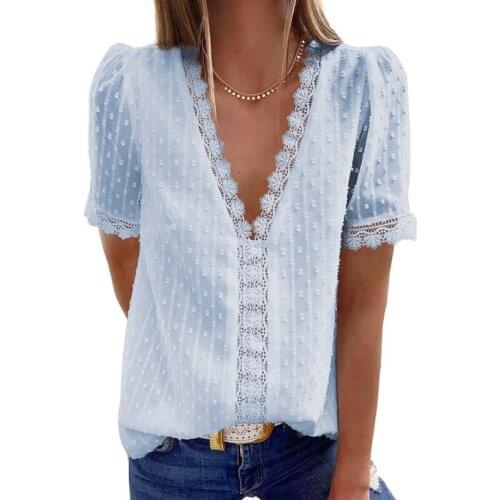 Short-sleeved Shirt Women 2021 Summer High-end Fashion Solid Color Deep V-neck Chiffon European And American Embroidered Lace