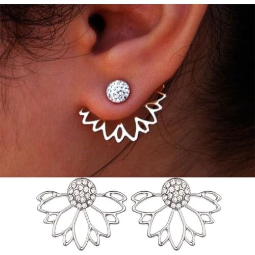 New Fashion Women Jewelry Crystal Jacket Flower Earrings Hollow Lotus Double Sided Gold Silver Plated Boutique Stud Earrings