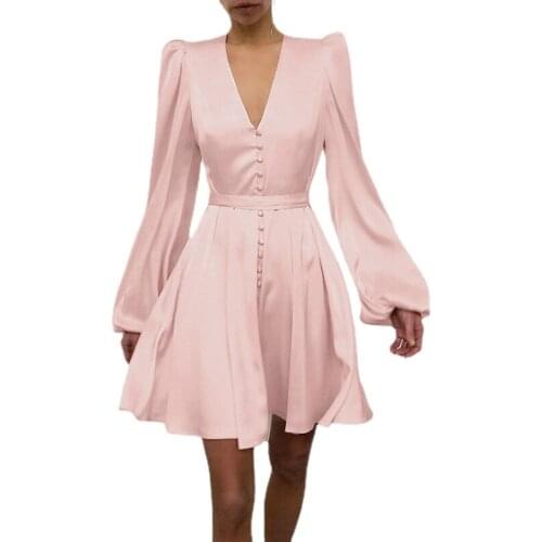 2021 Fall Womens Long Sleeve Dress Female Pink/Black/Blue High Waist Lantern Chiffon Mini Dress Fashion Party