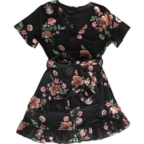 2019 Women Summer Sexy V-Neck Ruffled Chiffon Print Loose High Waist Short Sleeve Chiffon Dress