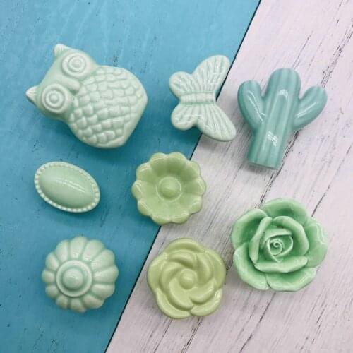 1x Assorted Ceramic Knobs Jade-green Flower Shape for Cabinet Dresser Drawers Handles Ceramic Cabinet Pulls Closet door knob