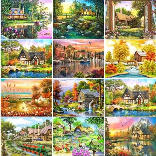 5D DIY Diamond Painting House Landscape Full Square Rhinestone Embroidery Cross Stitch Kit Mosaic Picture Home Decoration Gift