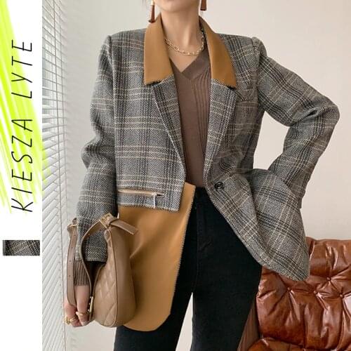Vintage French Woolen Suit Jacket Winter New Contrast Patchwork Plaid Blazer Jackets Femenino Lady Casual Coats Outwear