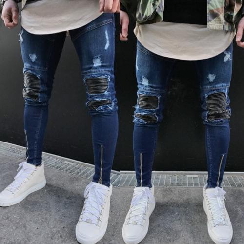 Brand New Arrivals Fashion Male Mens Washed Ripped Destroyed Jeans Straight Vintage Frayed Denim Zipper Streetwear Biker Pants
