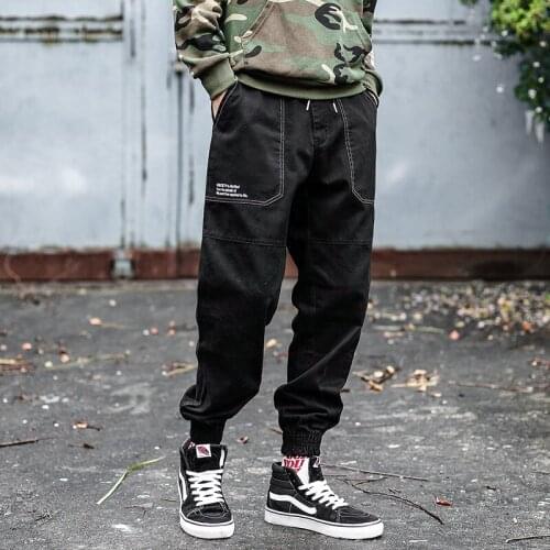 Streetwear Fashion Designer Men Jeans Black Color Loose Fit Casual Cargo Pants For Men Overalls Hip Hop Ankle Banded Trousers