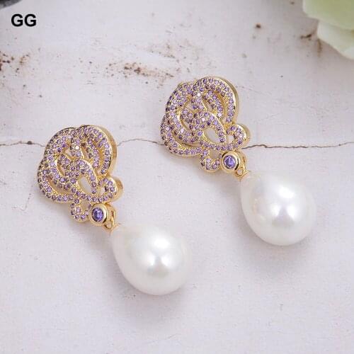 GuaiGuai Jewelry White Teardrop Sea Shell Pearl Gold Color Plated Purple Cz Drop Earrings