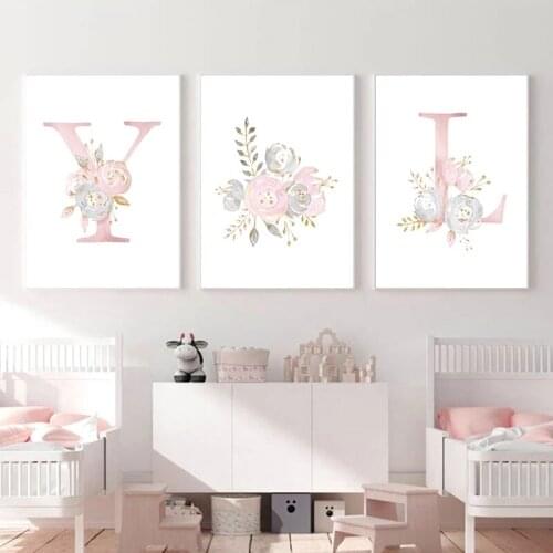 Baby Girl Pink Flowers Canvas Poster Nursery Wall Art Print Modern Letters Painting Wall Pictures Nordic Kid Bedroom Decoration