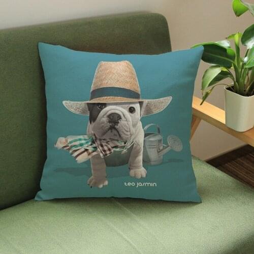 18 inches Square Throw Pillows Adorable Cute French Bulldog in Hats Cotton Linen Decorative Sofa Cushion Cover Pink Pillowcase