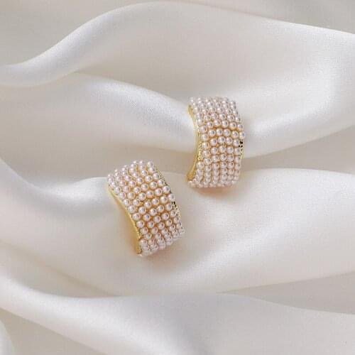 Minar Korea Elegant TwistC Shape Earrings for Women Full Simulated Pearls Geometric Hoop Earrings Wedding Bridal Jewelry 2021