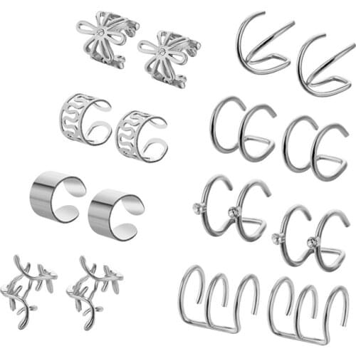 Fashion 8 Pair Punk Rock Ear Clip Cuff Wrap Earrings No Piercing-Clip Hollow Out Irregular Pattern Statement Jewelry