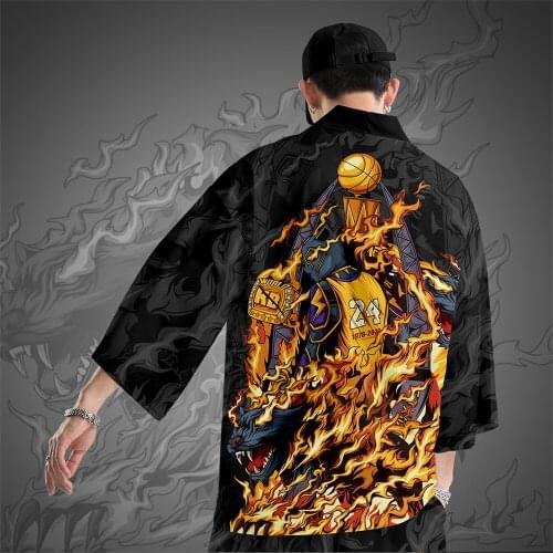 Men Traditional Japanese Style Kimono Black Print Cardigan Yukata Shirt Coat And Pant Haori Harajuku Short Robe Loose Casual