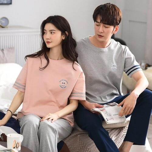 New Summer Couple Pajamas Set Women Men Full Cotton Short Sleeve Sleepwear Leisure Plus Size Simple Letter Print Couple Homewear