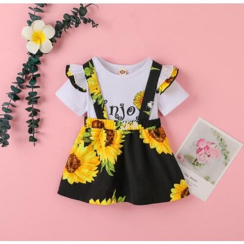 Baby Girls Clothes Short Sleeves Summer Suits Splicing Ruffle Sunflower Printed Sweet Romper+Suspender Skirt 2 PCS Kids Outfits