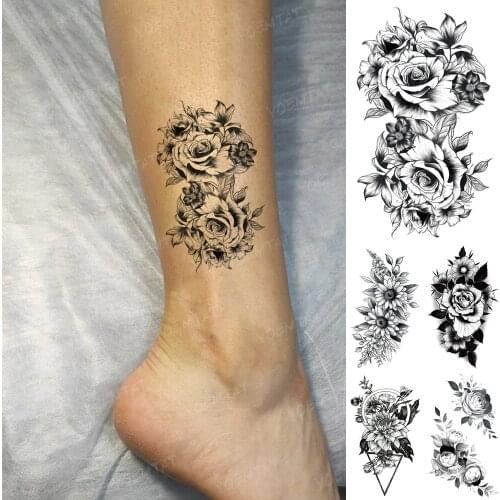 Waterproof Temporary Tattoo Sticker Rose Flower Lily Peony Black Body Art Tatto Arm Hand Leg Shoulder Tatoo Man Woman Tattoos