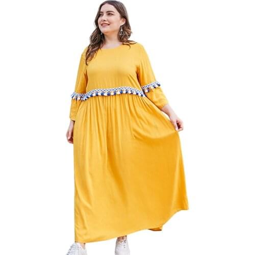 PlusSister 4XL Plus Size Womens Long Dress 2021 Spring Autumn Casual O Neck Long Sleeve Female Clothes Tassel Loose Maxi Dress