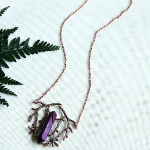 Forked Branch Purple Quartz Stone Gothic Necklace, Halo Quartz Pendant, Copper Color Chain, Witch Witch Jewelry