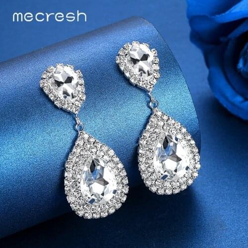 Mecresh Silver Color Teardrop Crystal Clip On Earrings Women Accessories Bridal Bridesmaid Clip Earrings Without Piercing EH003