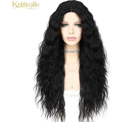 Krismile Top Quality Long Black Synthetic Wig Lace Front T-Part Wigs High Temperauture Afro Kinky Curly Wig for Women Daily