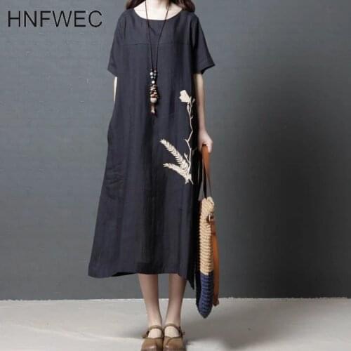 Summer Autumn Plus Size Dresses Women O-Neck Loose Long Vintage Dress Boho Shirt Dress Maxi Robe Fashion Female A094